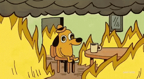 Meme This is fine : un chien boit son café dans une pièce en feu