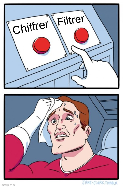 Meme des deux boutons : un personnage en sueur hésite entre deux boutons rouges